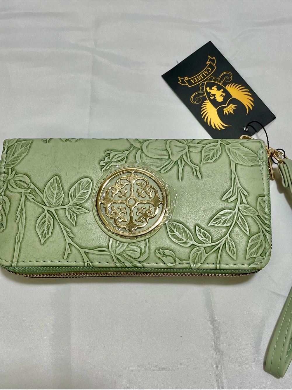 Calista Floral Embossed Sage Green Wristlet Clutch, NWT